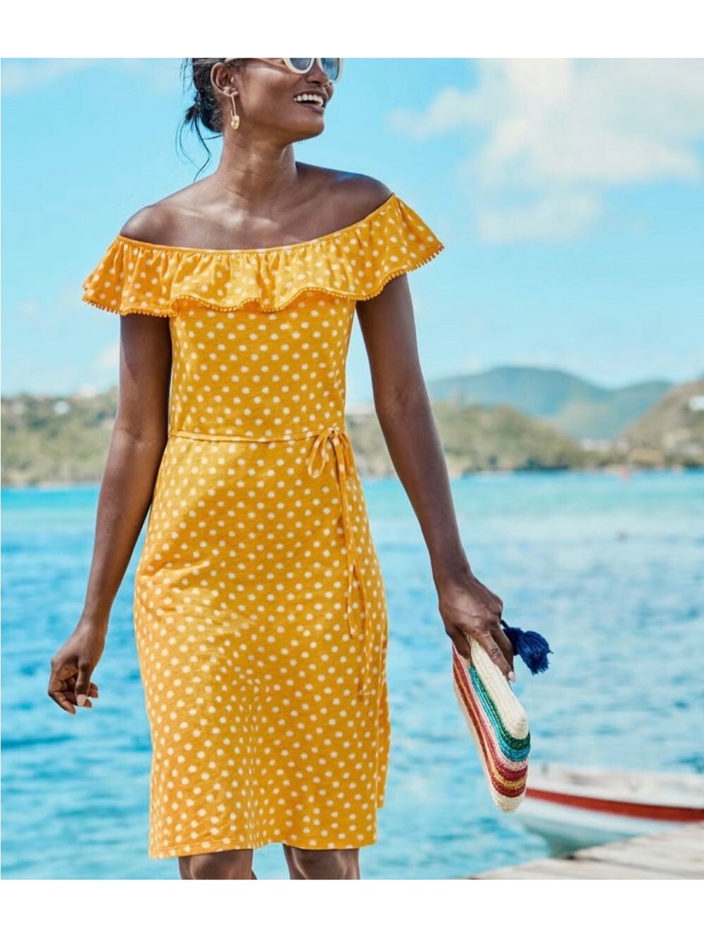Boden Yellow Off The Shoulder Polka Dot Dress With Tie Size 6 Long